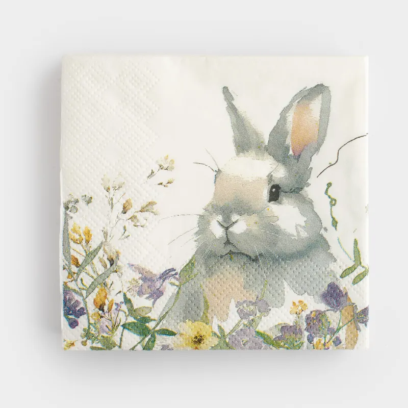Салфетки бумажные, 21х21 см, 20 шт, квадратные, белые, Кролик в цветах, Easter