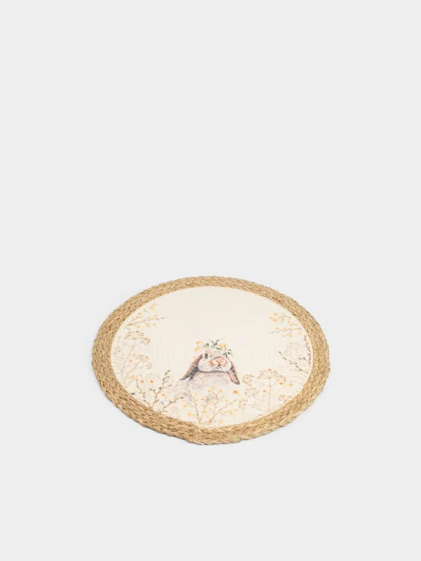 Салфетка под приборы, 38 см, полиэстер/морская трава, круглая, песочно-белая, Кролик, Easter, image-3