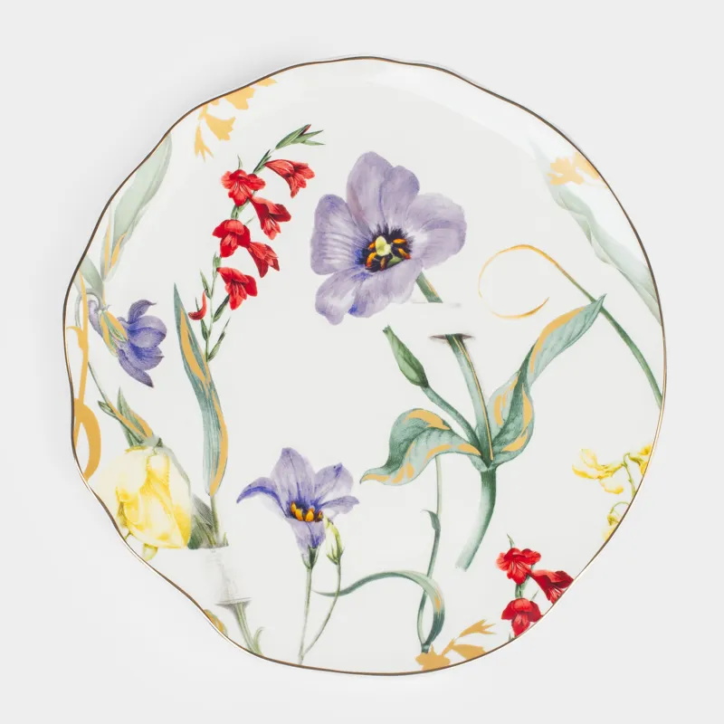 Тарелка обеденная, 26 см, фарфор N, белая, с золотистым кантом, Цветы, Night flower