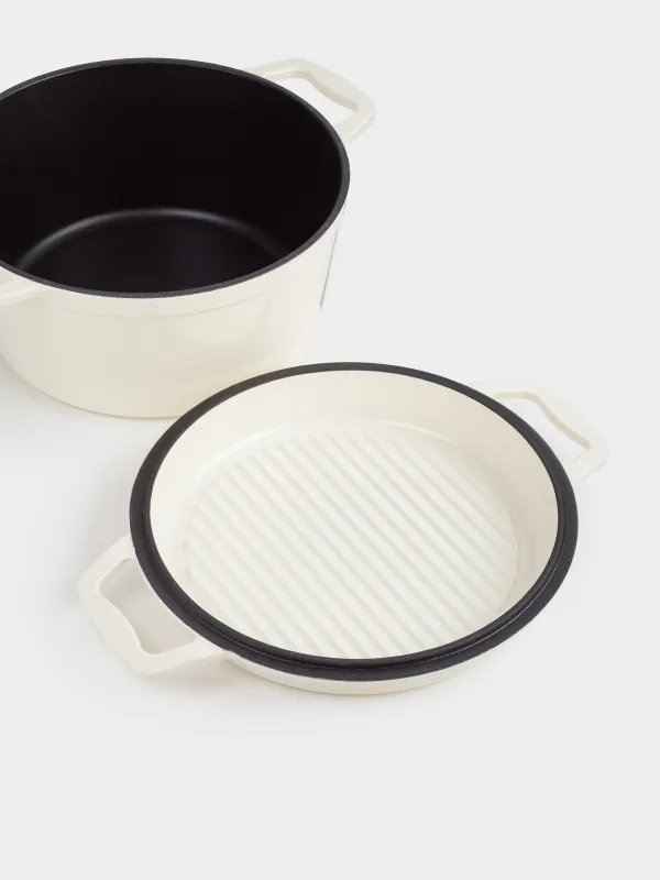 Казан, 25 см, 4,3 л, с крышкой сковородой-гриль, чугун, молочный, Light kitchen, image-3
