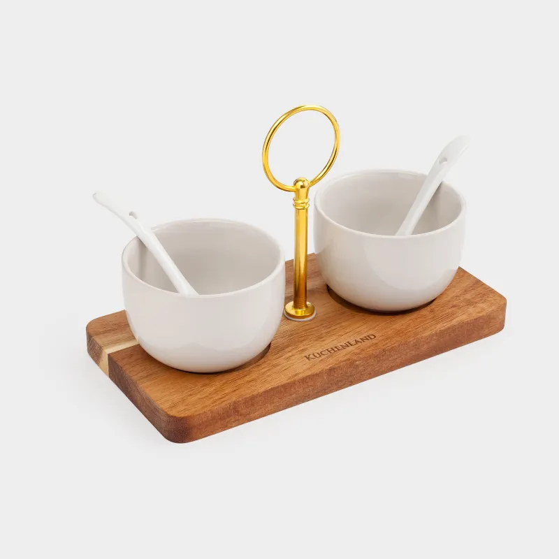 Вазочка для джема, 20x13 см, 2 шт, с ложкой, на подставке, керамика/дерево, молочная, Noble tree, image-1