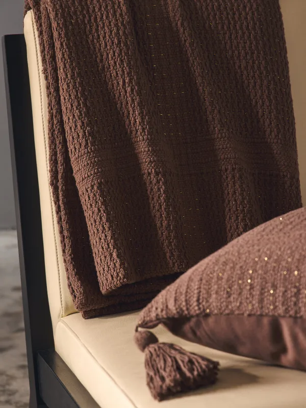 Плед, 130x170 см, с бахромой, хлопок/люрекс, коричневый, Клетка, Strike, image-4