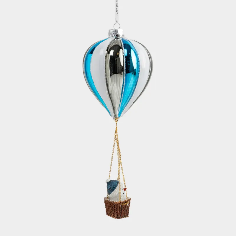 Игрушка елочная, 25 см, стекло, бело-голубая, Снеговик на воздушном шаре, Figure christmas