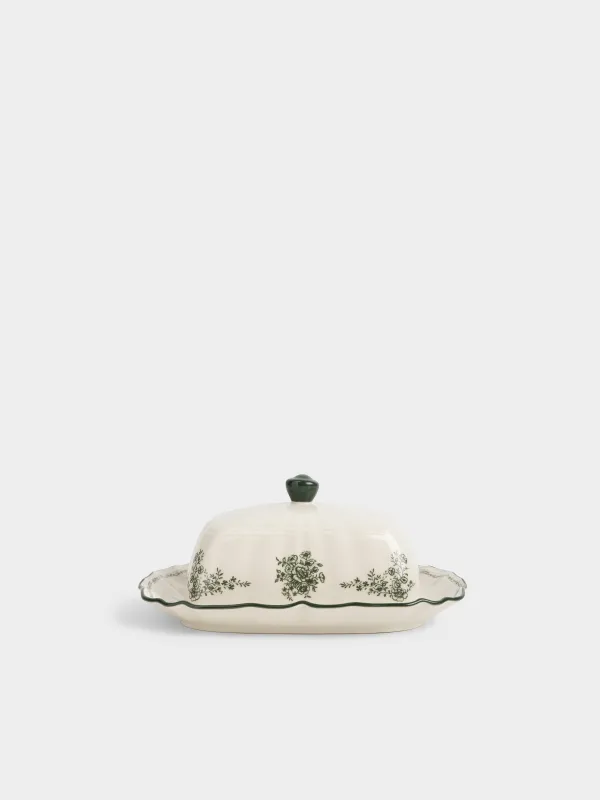 Масленка, 20 см, фарфор P, прямоугольная, молочная, Зеленые цветы, Green lace, image-0