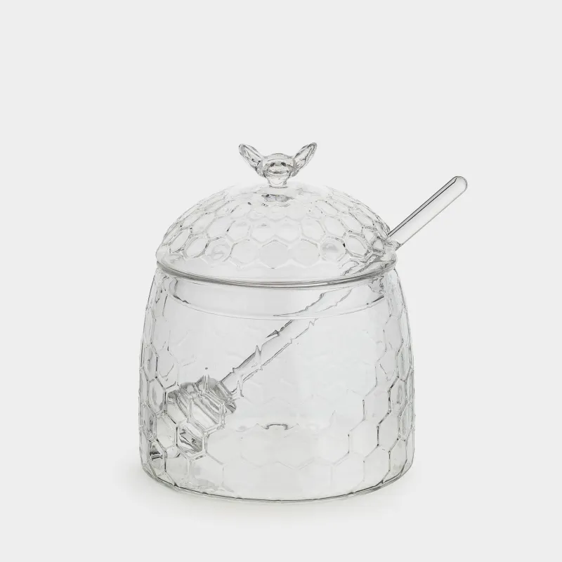 Банка для меда, 400 мл, с ложкой, стекло, Соты, Honey