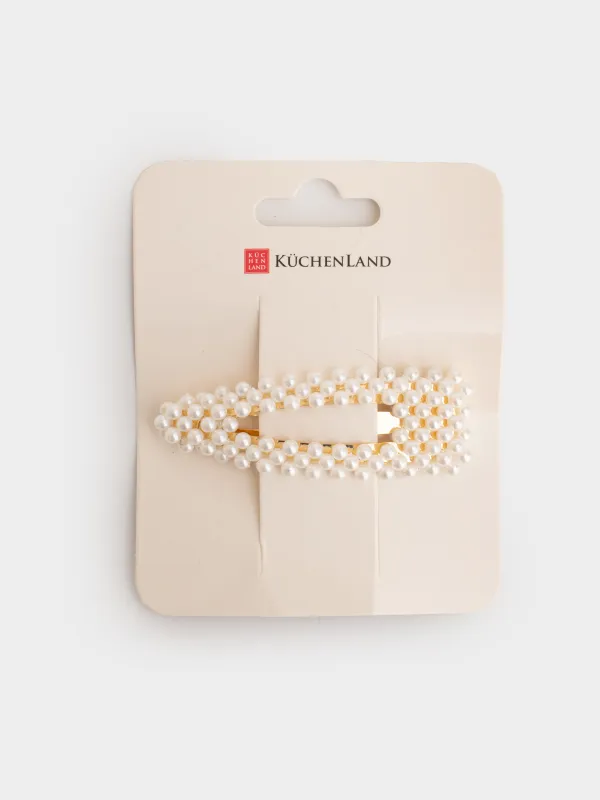 Заколка для волос, 8 см, пластик/металл, молочная, Бусины, Pearl, image-3