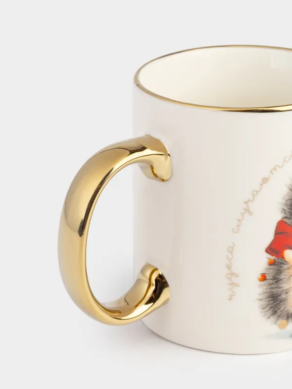 Кружка, 350 мл, фарфор N, бело-золотистая, Ежик со звездой, Hedgehog christmas, image-2