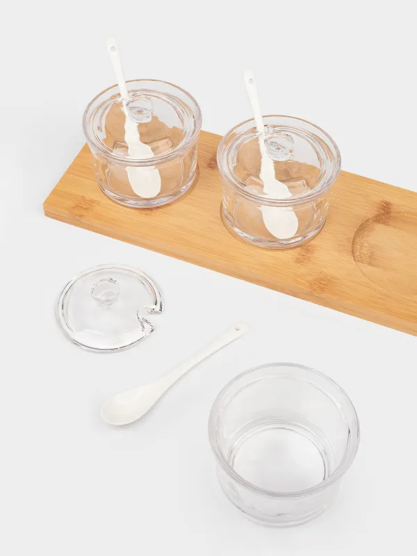 Вазочка для джема, 30х9 см, 3 шт, с ложкой, на подставке, стекло/бамбук/керамика, Bamboo, image-4