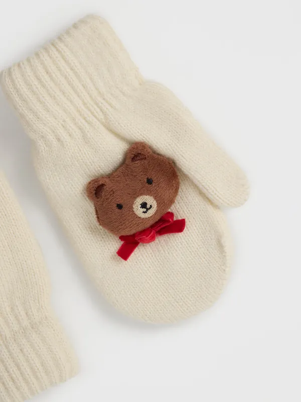 Варежки детские, единый размер, в рубчик, акрил/полиэстер, молочные, Мишка, Warm kids, image-2