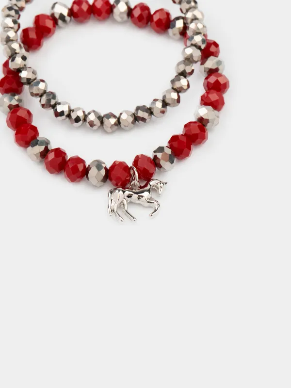 Набор браслетов, 18 см, 2 шт, стекло/металл, серебристо-красный, Лошадь, Pearl color, image-3