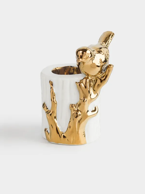 Подставка для зубочисток, 8 см, фарфор P, молочно-золотистая, Птица на ветке, Paradise garden, image-0