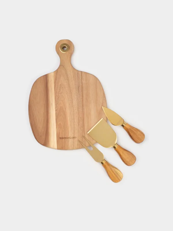 Набор для сыра, 4 пр, доска-блюдо с ручкой, сталь/дерево, золотистый, Cheese gold, image-1