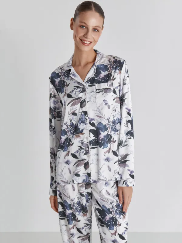 Рубашка женская, с длинным рукавом, полиэстер, молочная, Синие цветы, Rika, image-1