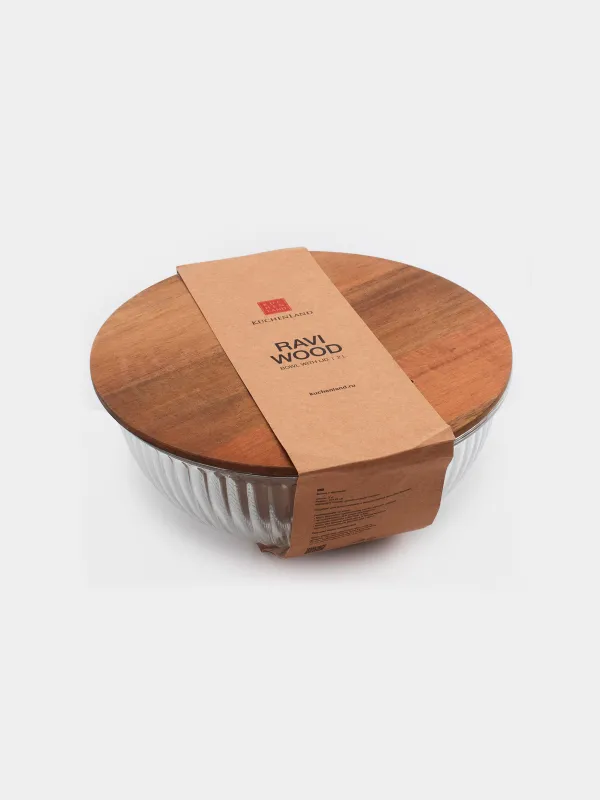 Миска, 2 л, с крышкой, стекло Т/дерево, Ravi wood, image-6