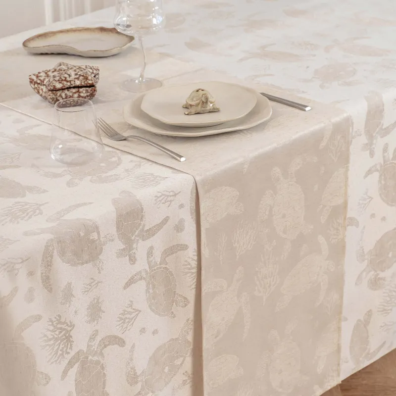 Дорожка настольная, 40x160 см, жаккард, полиэстер/лен, бежевая, Черепахи, Marine turtles