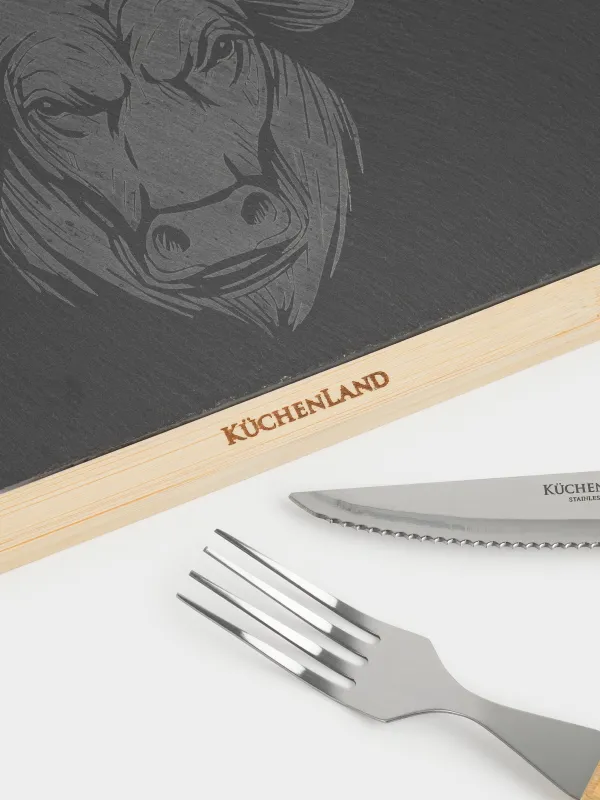 Набор для подачи стейка, 1 перс, 3 пр, сталь/сланец/бамбук, Бык, BBQ, image-6