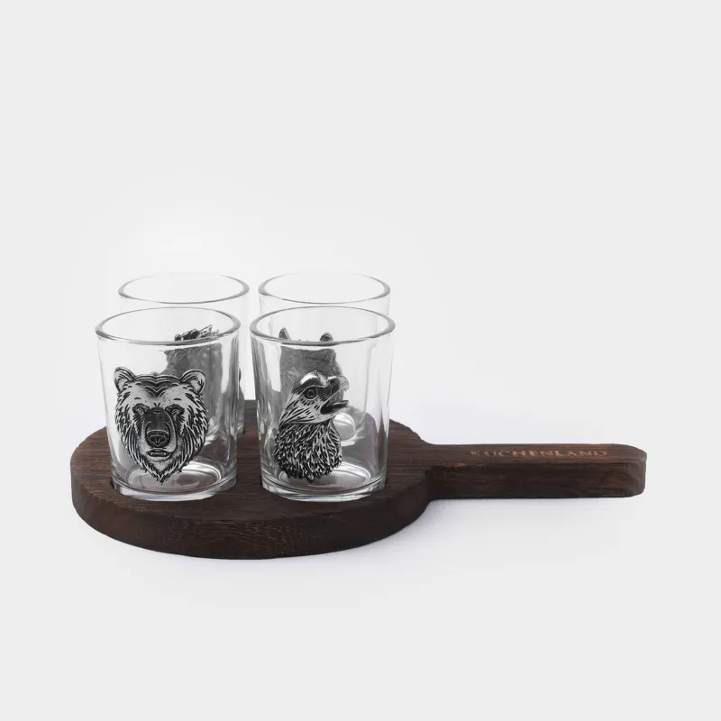 Стопка для водки, 80 мл, 4 шт, на подставке, стекло/металл/дерево, Орел и звери, Lux elements decor