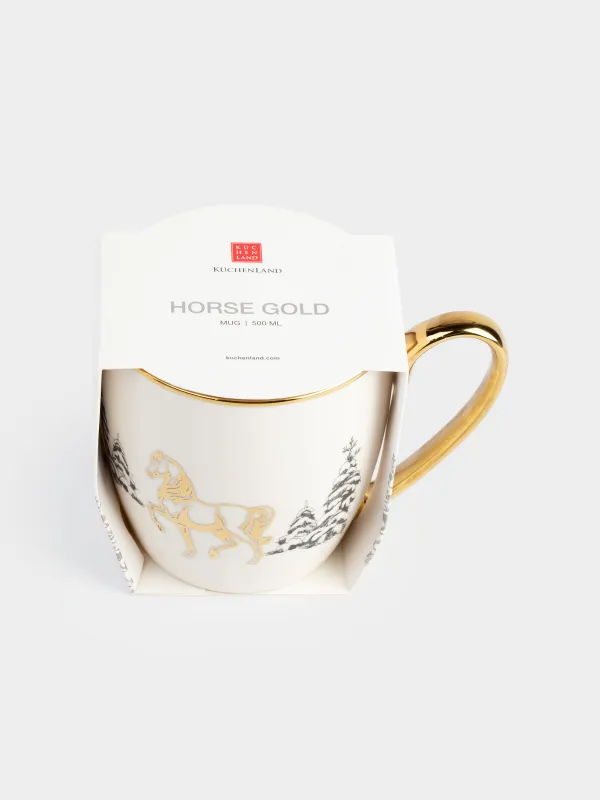 Кружка, 500 мл, фарфор N, бело-золотистая, Лошадь в снежном лесу, Horse gold, image-4