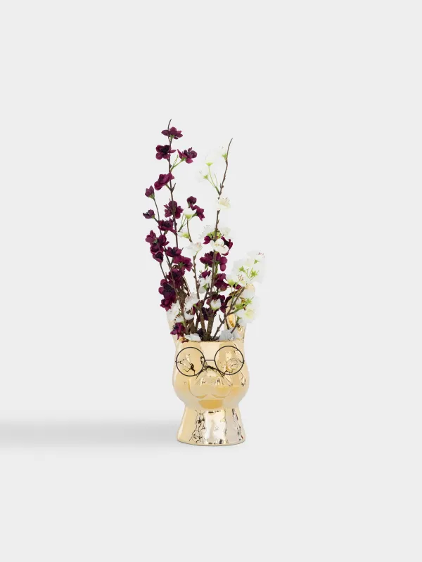 Ваза для цветов, 30 см, декоративная, фарфор P/металл, золотистая, Кролик в очках, Rabbit gold, image-4