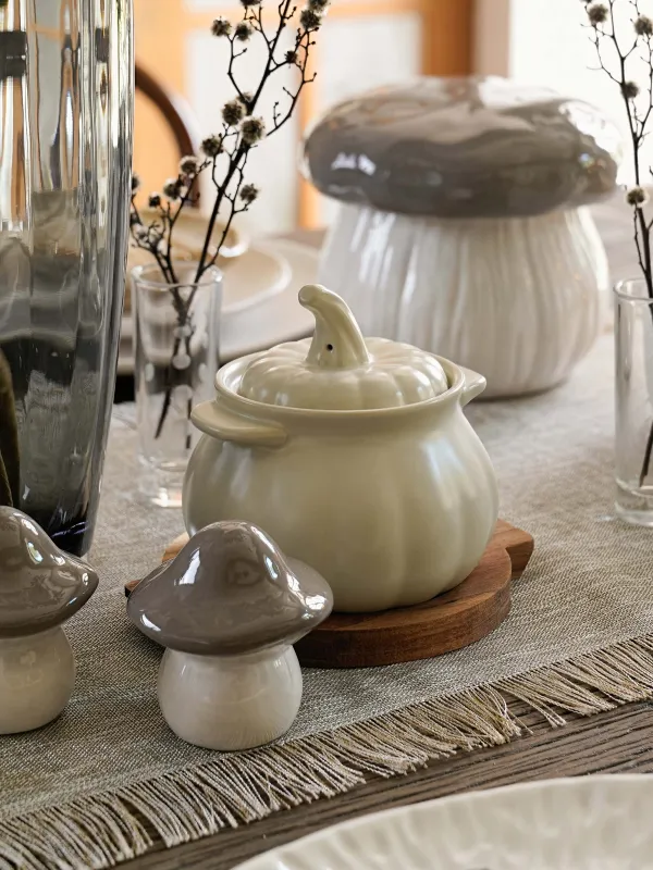 Кокотница, 13 см, 530 мл, с крышкой, на подставке, керамика/дерево, кремовая, Тыква, Gourd, image-7