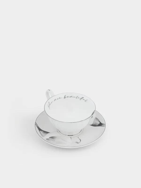 Пара чайная, 1 перс, 2 пр, 220 мл, фарфор F, белая, с серебристым кантом, Каллы, Aroid, image-3