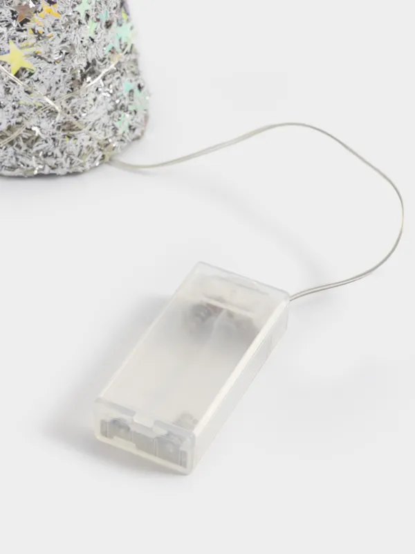 Ель-конус, 20 см, с подсветкой, полиэстер/металл, серебристая, Звезды, Frosty sparks, image-3