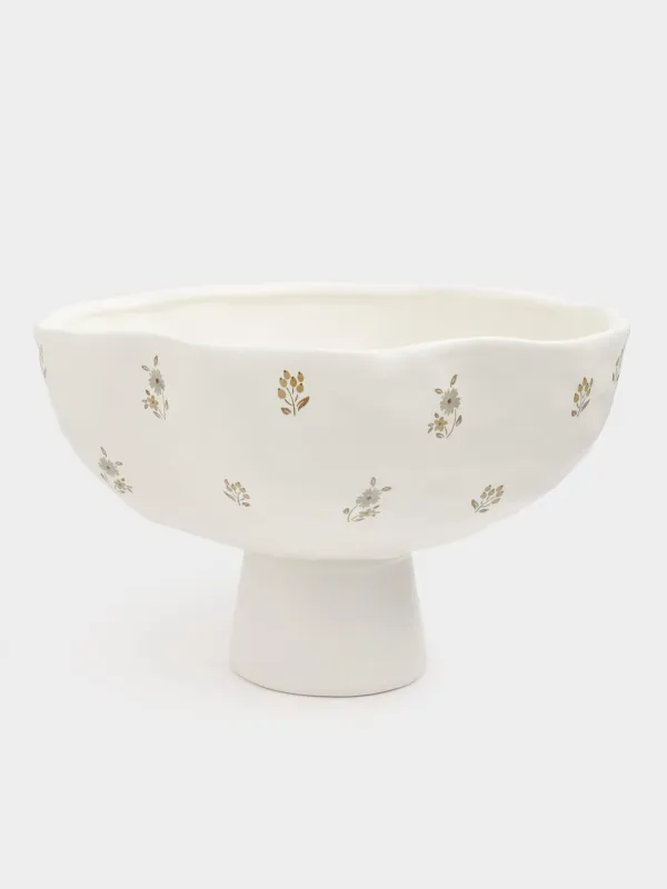 Ваза для фруктов, 24x15 см, на ножке, керамика, молочная, Винтажные цветы, La flore, image-0