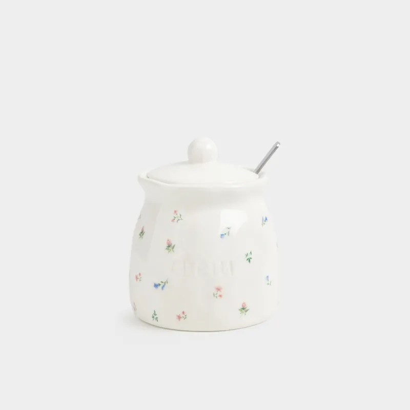 Сахарница, 12 см, 340 мл, с ложкой, керамика D/сталь, молочная, Нежные цветы, El flora