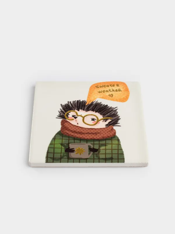 Подставка под кружку, 11х11 см, квадратная, керамика/пробка, белая, Еж в очках, Forest animals, image-1