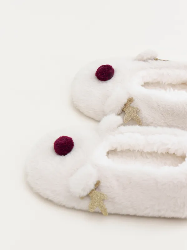 Тапочки-носки женские, домашние, искусственный мех/шерпа, бежевые, Олень, Funny warm, image-3