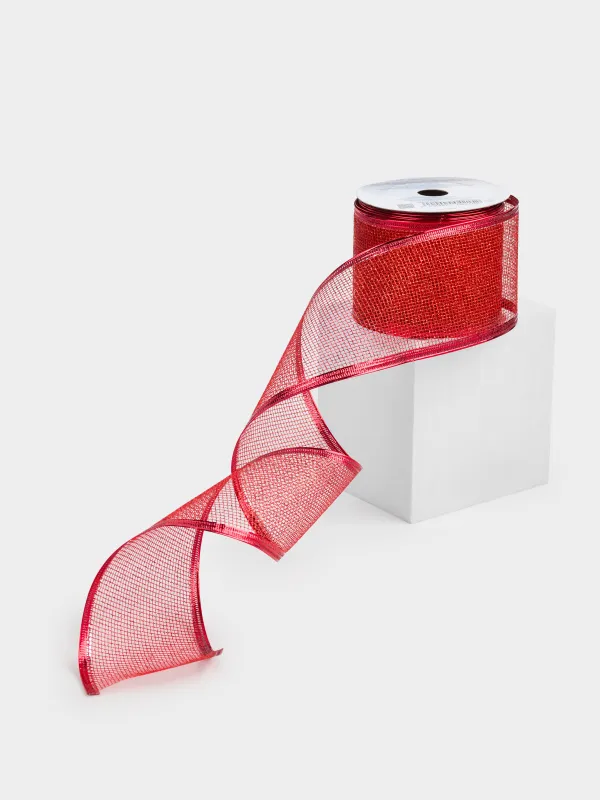 Лента декоративная, 5 м, гибкая, полиэстер, красная, Сетка, Ribbon christmas, image-1