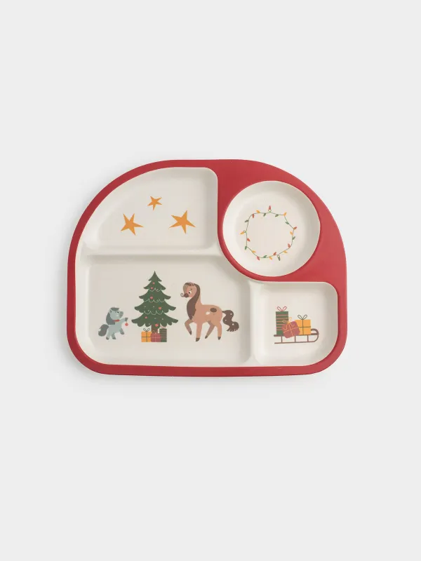Тарелка обеденная, детская, 27х21 см, 4 отд, бамбук, красная, Лошадки с елкой, Little horse, image-0