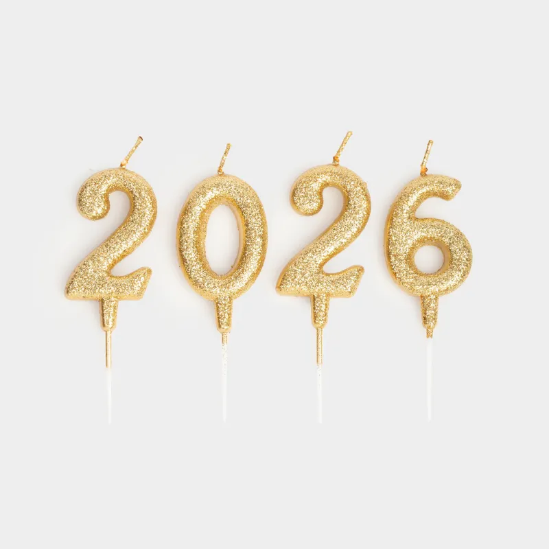 Свеча, 5x3 см, 4 шт, с блестками, золотистая, 2026, New Year