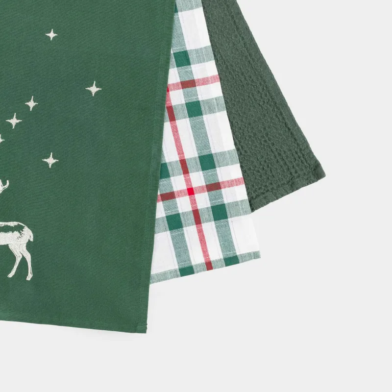 Полотенце кухонное, 40х60 см, 3 шт, хлопок, зеленое/молочное, Олень/Клетка, Woodland story, image-10