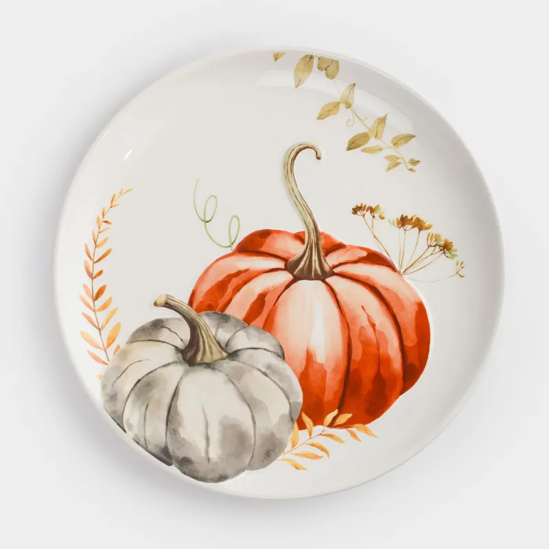 Тарелка обеденная, 28 см, керамика, белая, Тыквы и листья, Forest symphony