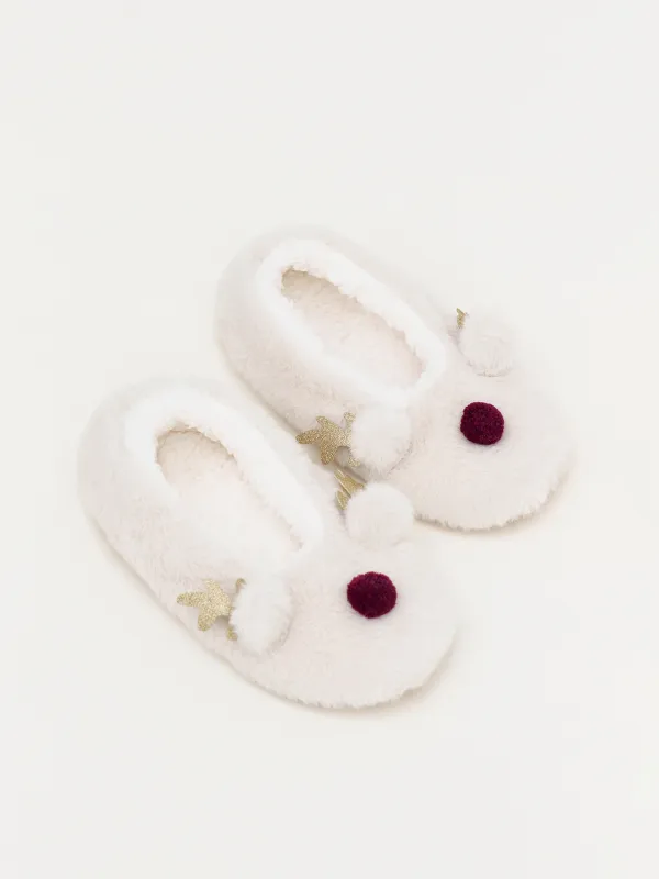 Тапочки-носки женские, домашние, искусственный мех/шерпа, бежевые, Олень, Funny warm, image-4