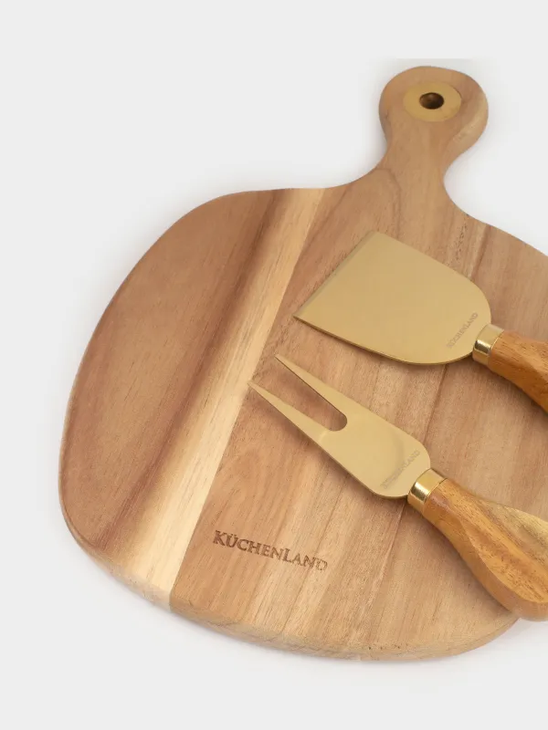 Набор для сыра, 4 пр, доска-блюдо с ручкой, сталь/дерево, золотистый, Cheese gold, image-2
