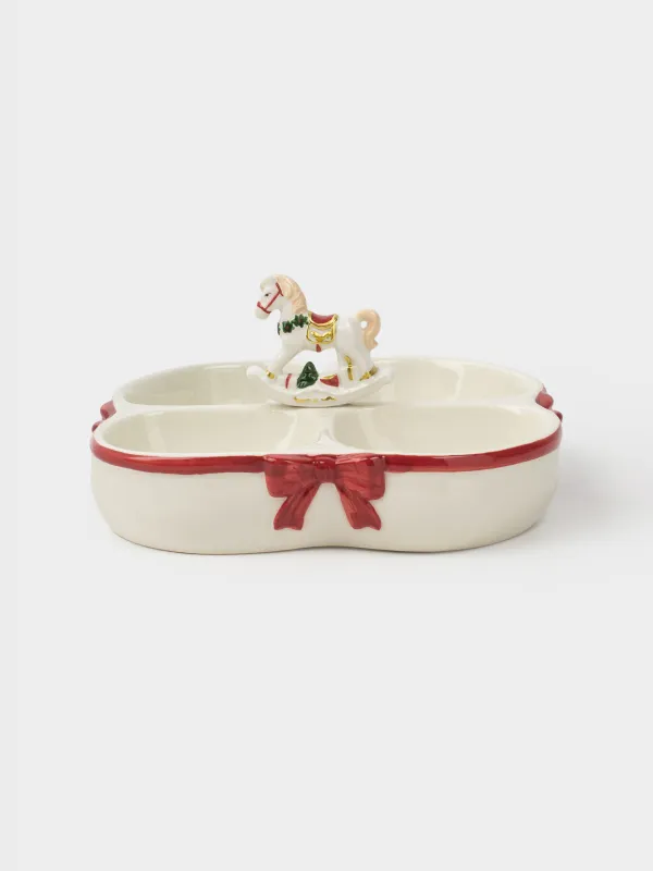 Менажница, с декором, 22х11 см, 4 отд, керамика, бело-красная, Лошадка-качалка, Christmas miracle classic, image-0