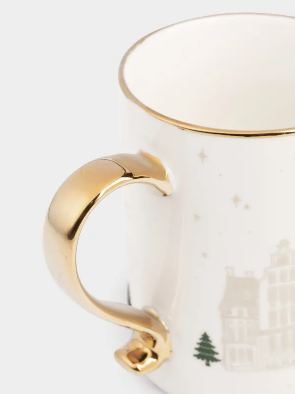Кружка, 390 мл, фарфор N, молочно-золотистая, Домики и лошадь, Snow sparks, image-3