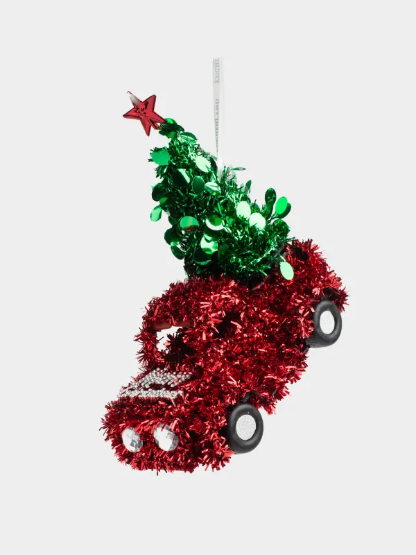 Игрушка елочная, 15 см, мишура/пластик, красная, Машина с елью, Tinsel christmas, image-0