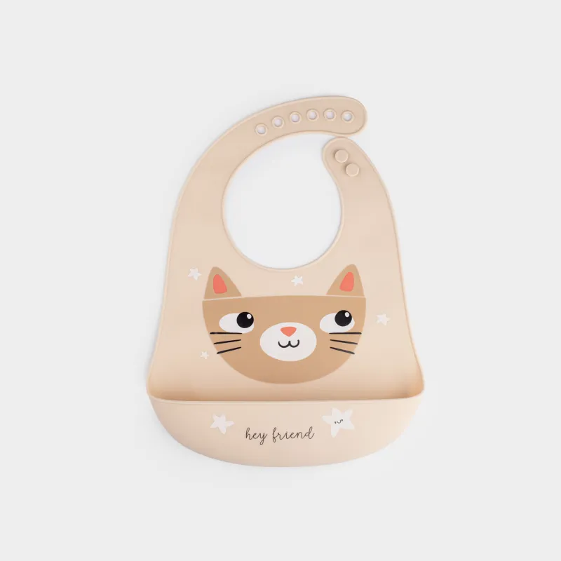 Нагрудник, детский, 31x23 см, с карманом, силикон, бежевый, Котик, Kiddy