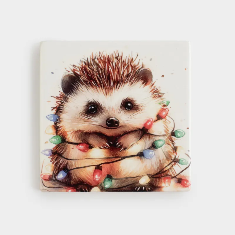 Подставка под кружку, 11х11 см, квадратная, керамика/пробка, белая, Ежик, Hedgehog christmas
