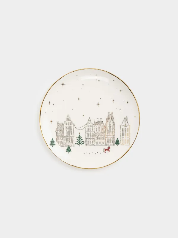 Тарелка обеденная, 27 см, фарфор N, молочно-золотистая, Домики и лошадь, Snow sparks, image-0