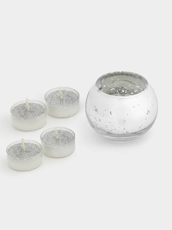 Свеча ароматическая, чайная, 4 см, 4 шт, с подсвечником, стекло, серебристая, Patina, image-0