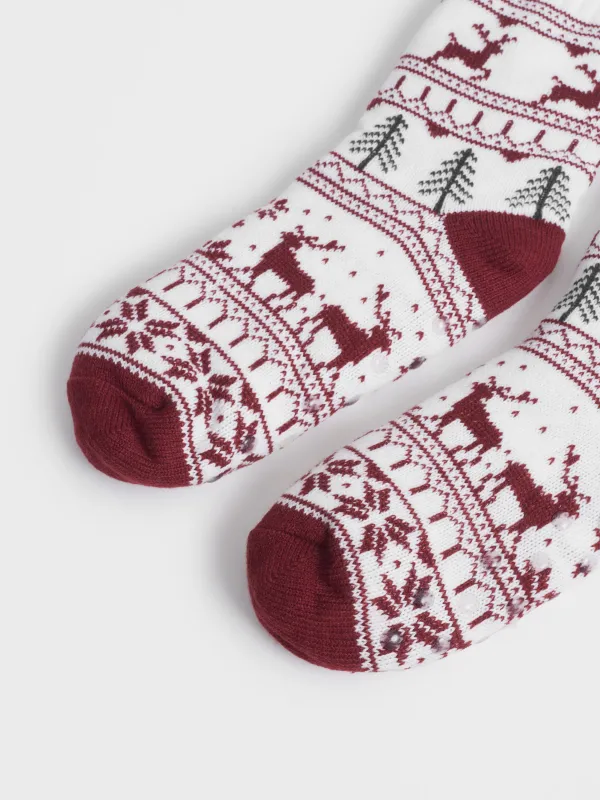Носки домашние, молочно-бордовые, Зимний узор, Hot winter, image-3