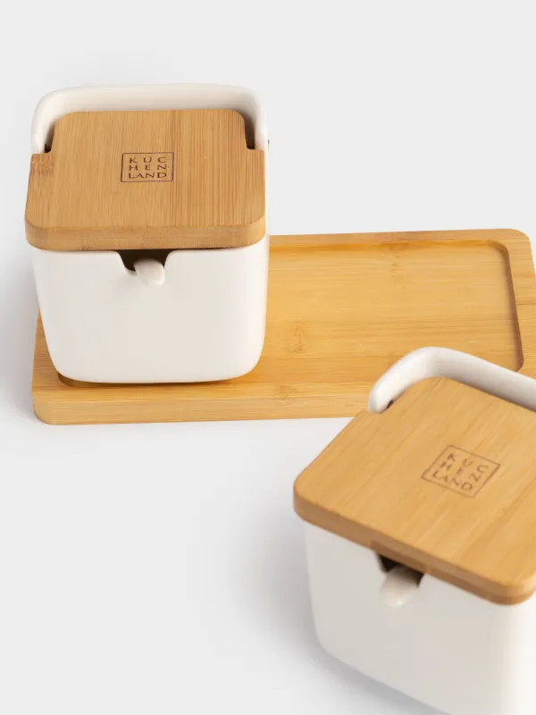 Банка для сыпучих продуктов, 250 мл, 2 шт, с ложками, на подставке, фарфор P/бамбук, белая, Keep, image-3