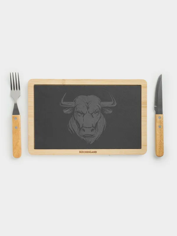 Набор для подачи стейка, 1 перс, 3 пр, сталь/сланец/бамбук, Бык, BBQ, image-1