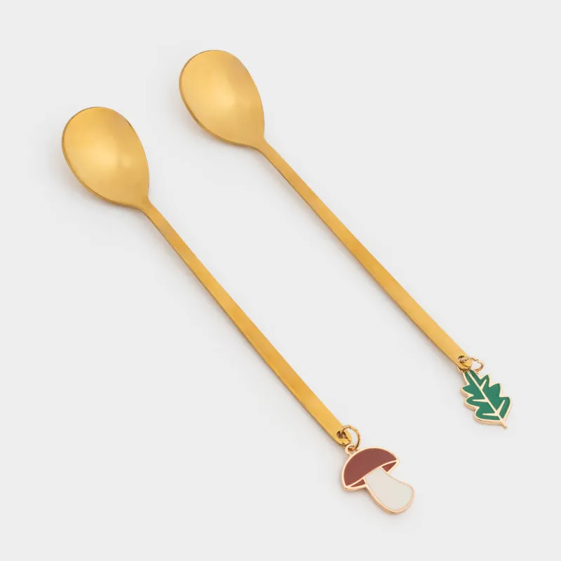 Ложка десертная, 15 см, 2 шт, сталь, золотистая, Гриб/Лист, Forest symphony