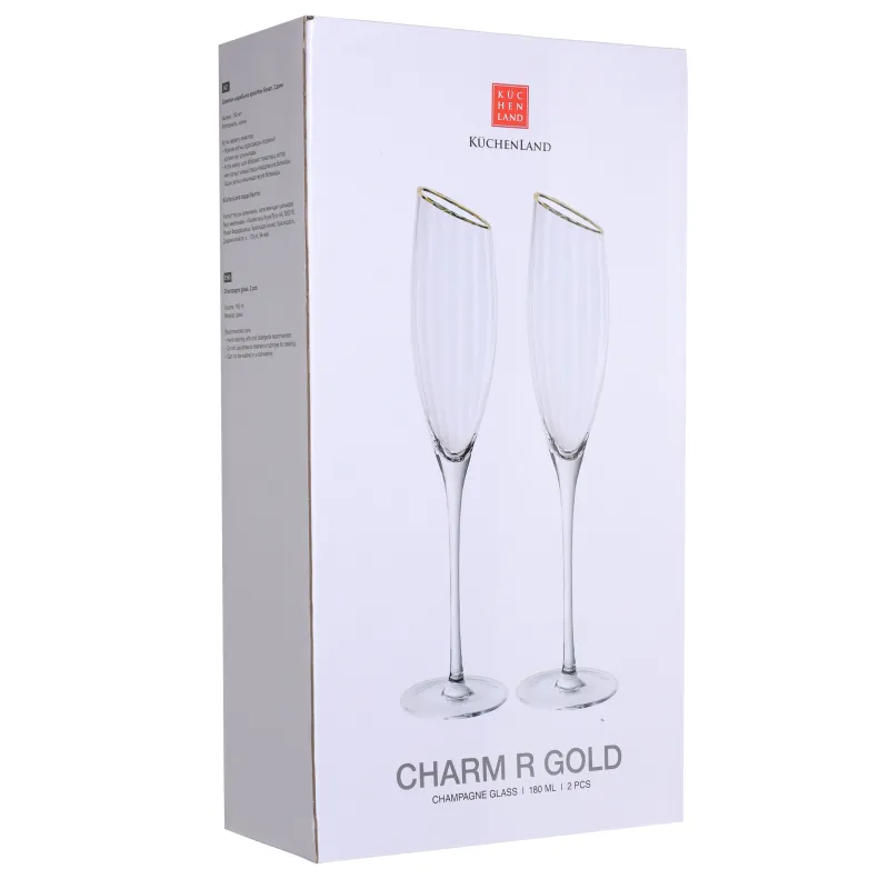 Бокал для шампанского, 180 мл, 2 шт, стекло, с золотистым кантом, Charm R gold, image-2