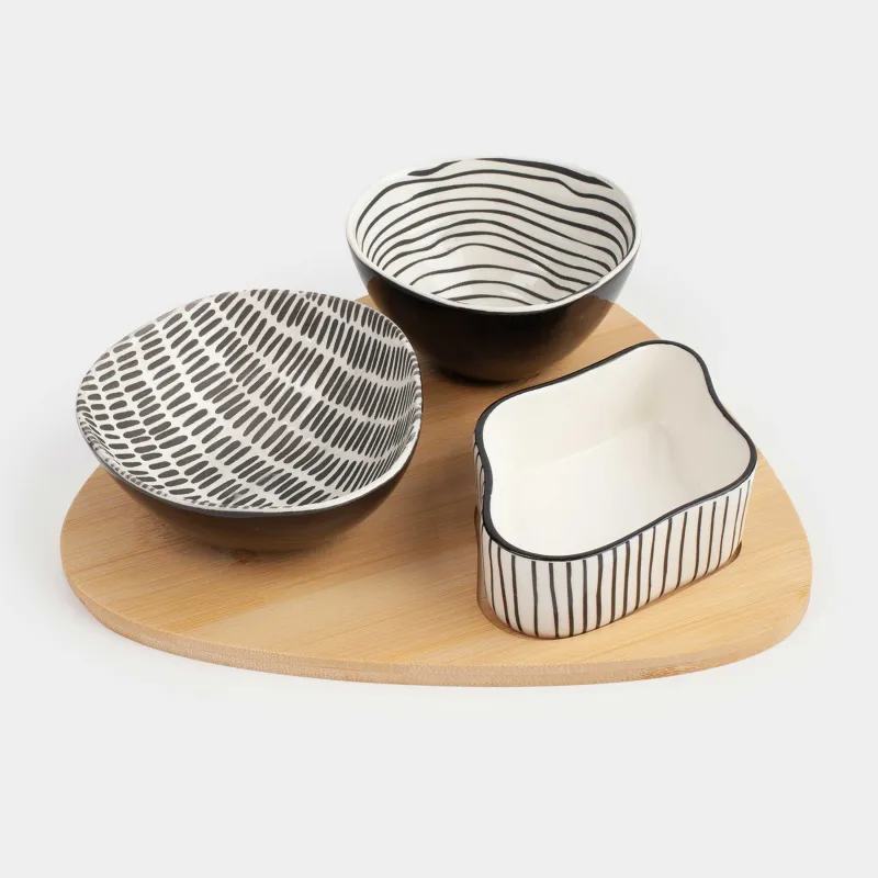 Набор для закусок, 3 пр, на подставке, керамика/дерево, черно-белый, Линии, Noble tree